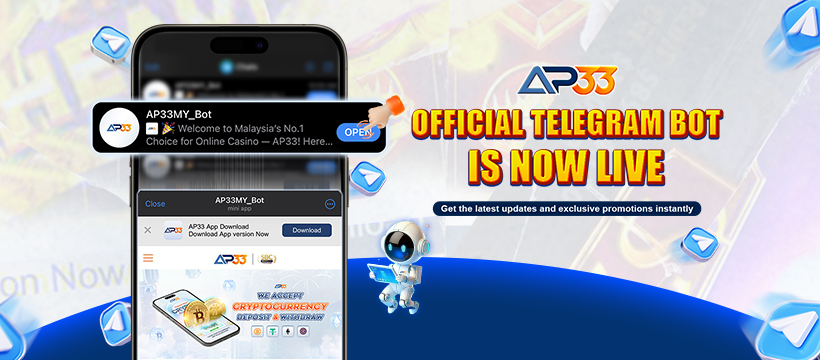 AP33 Official Telegram Bot is now live – mobile app interface showing casino features, promotions, and instant updates for players.