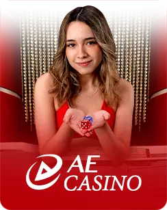 Female casino dealer holding dice with AE Casino logo on a red background.