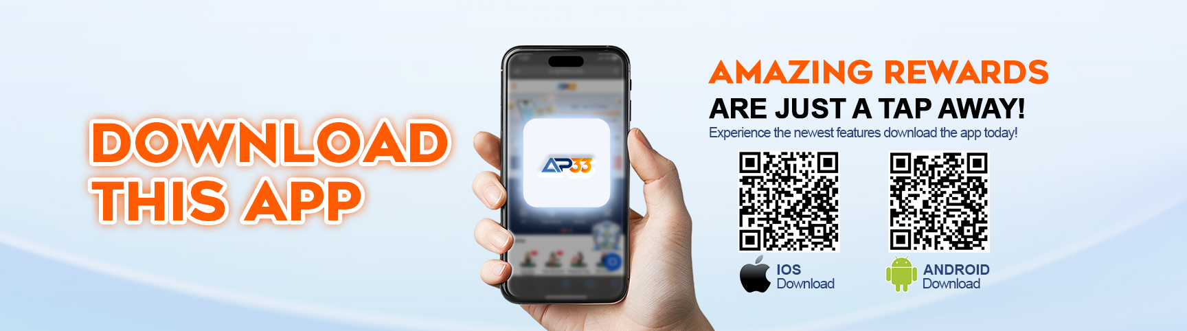 AP33 app download banner with smartphone QR codes for iOS and Android rewards gaming app