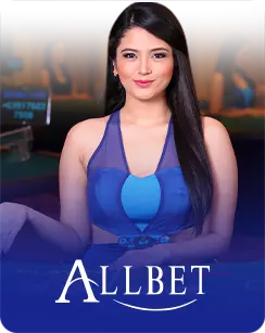 Female casino dealer in a blue dress with Allbet logo on a casino background.
