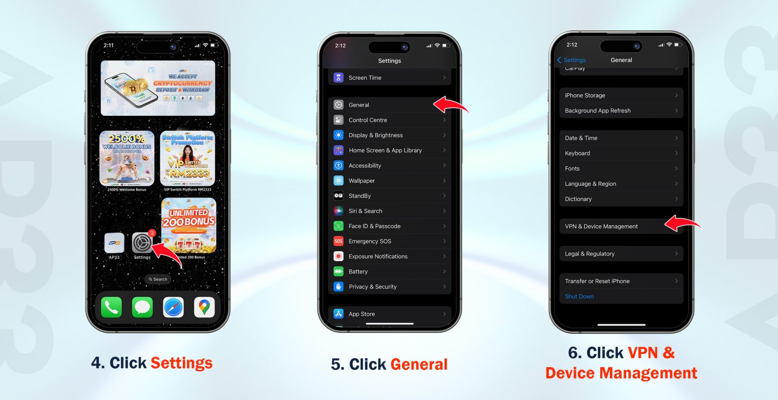 AP33 iOS open settings general VPN device management