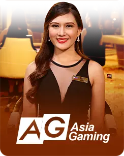 Female casino dealer smiling in a black dress with AG Asia Gaming logo on a warm casino background.