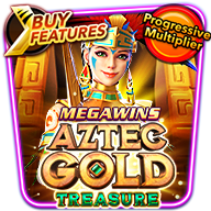 Aztec Gold Treasure Megaways slot game icon featuring an Aztec queen with “Buy Features” and “Progressive Multiplier” labels.