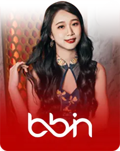 Female casino dealer in a patterned dress with BBIN logo on a red casino-themed background.