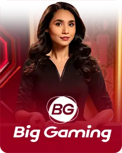 Female casino dealer in a black outfit with Big Gaming (BG) logo on a red casino background.