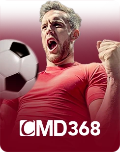 Football player celebrating with a clenched fist next to a soccer ball, with CMD368 logo on a red background.