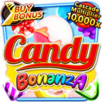 Candy Bonanza slot game icon with colorful sweets, “Buy Bonus,” and “Cascade Multiplier 10,000x” text.