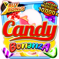 Candy Bonanza slot game icon with colorful sweets, “Buy Bonus,” and “Cascade Multiplier 10,000x” text.