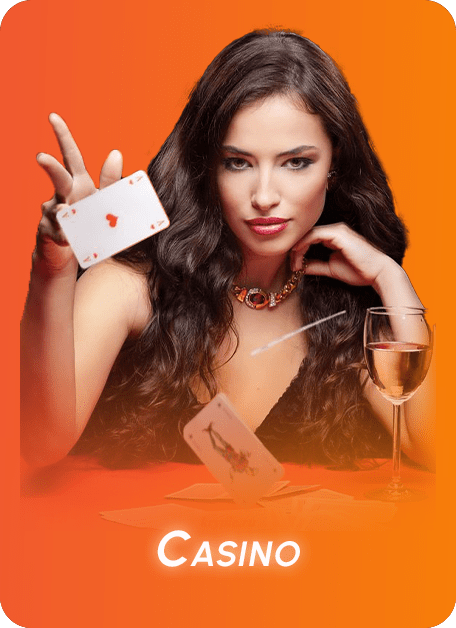 Woman holding playing cards at a casino table with a glass of wine, labeled “Casino.”