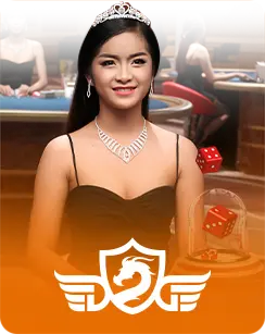 Female casino dealer wearing a tiara at a gaming table with dice and a casino logo on an orange background.