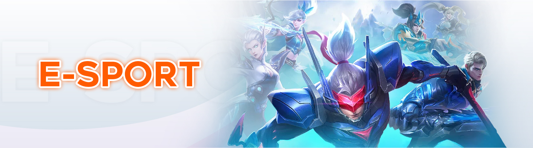 E-sport gaming banner featuring futuristic characters in action with bold E-SPORT text on the left