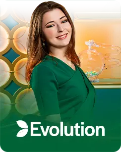 Smiling female host in a green dress with Evolution logo on a casino-style background.