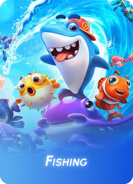Cartoon shark and colorful fish characters underwater with the word “Fishing.”