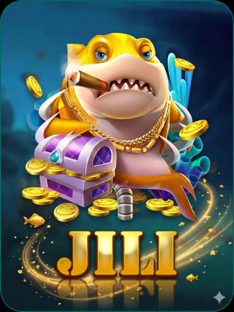 JILI fishing game character shark with gold coins treasure chest underwater casino game