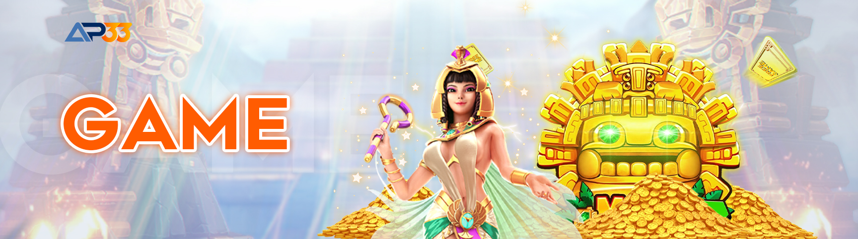 Game banner featuring an Egyptian-themed female character holding a staff, surrounded by gold coins and a glowing golden statue, with AP33 branding and the word “GAME.”