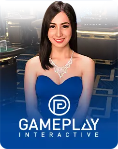 Female casino dealer in a blue dress with Gameplay Interactive logo in a casino setting.