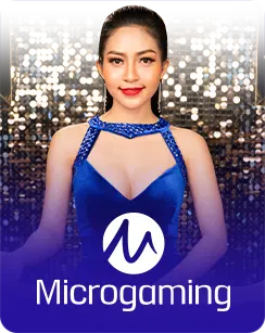 Female casino dealer in a blue dress with Microgaming logo on a sparkling background.