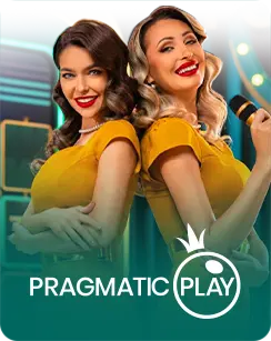 Two smiling women in yellow dresses with Pragmatic Play logo on a casino-themed background.