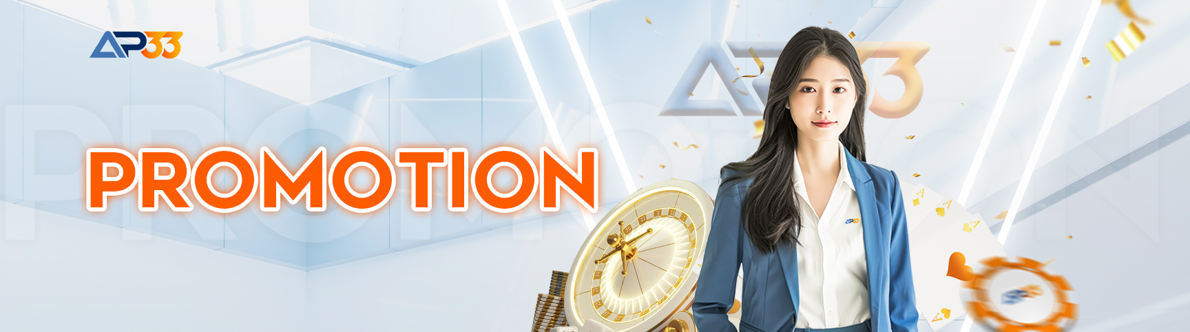 AP33 promotion banner featuring a professional woman with roulette wheel and bold PROMOTION text
