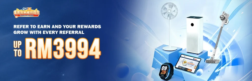 AP33 referral bonus banner earn up to RM3994 with rewards and home appliances prizes