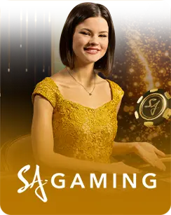 Smiling female casino dealer in a yellow dress with SA Gaming logo on a golden background.