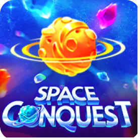 Space Conquest slot game icon featuring a glowing planet surrounded by orbiting rings in a cosmic background.