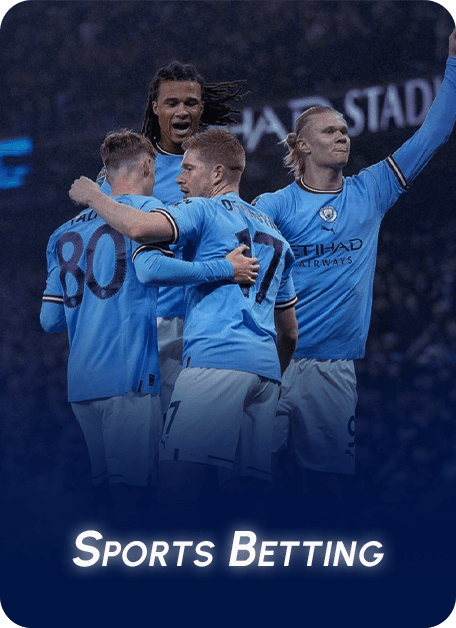 Football players celebrating a goal on the field with the text “Sports Betting.”