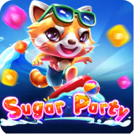 Sugar Party slot game icon featuring a cartoon raccoon surfing with colorful candies around.