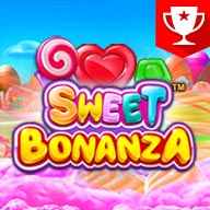 Sweet Bonanza slot game icon featuring colorful candies, hearts, and lollipop graphics.