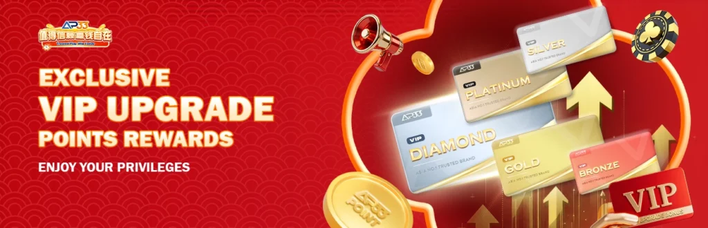 AP33 exclusive VIP upgrade banner with bronze silver gold platinum diamond tiers and rewards points system