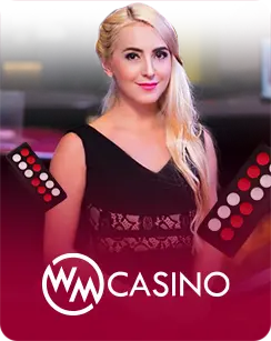 Female casino dealer with domino tiles and WM Casino logo on a red gradient background.