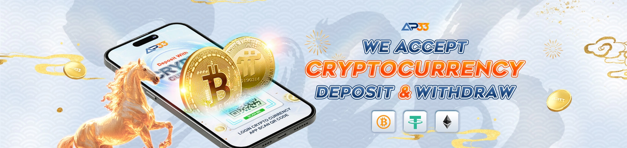 AP33 cryptocurrency deposit and withdrawal banner featuring Bitcoin, Tether and Ethereum with a mobile crypto payment interface.